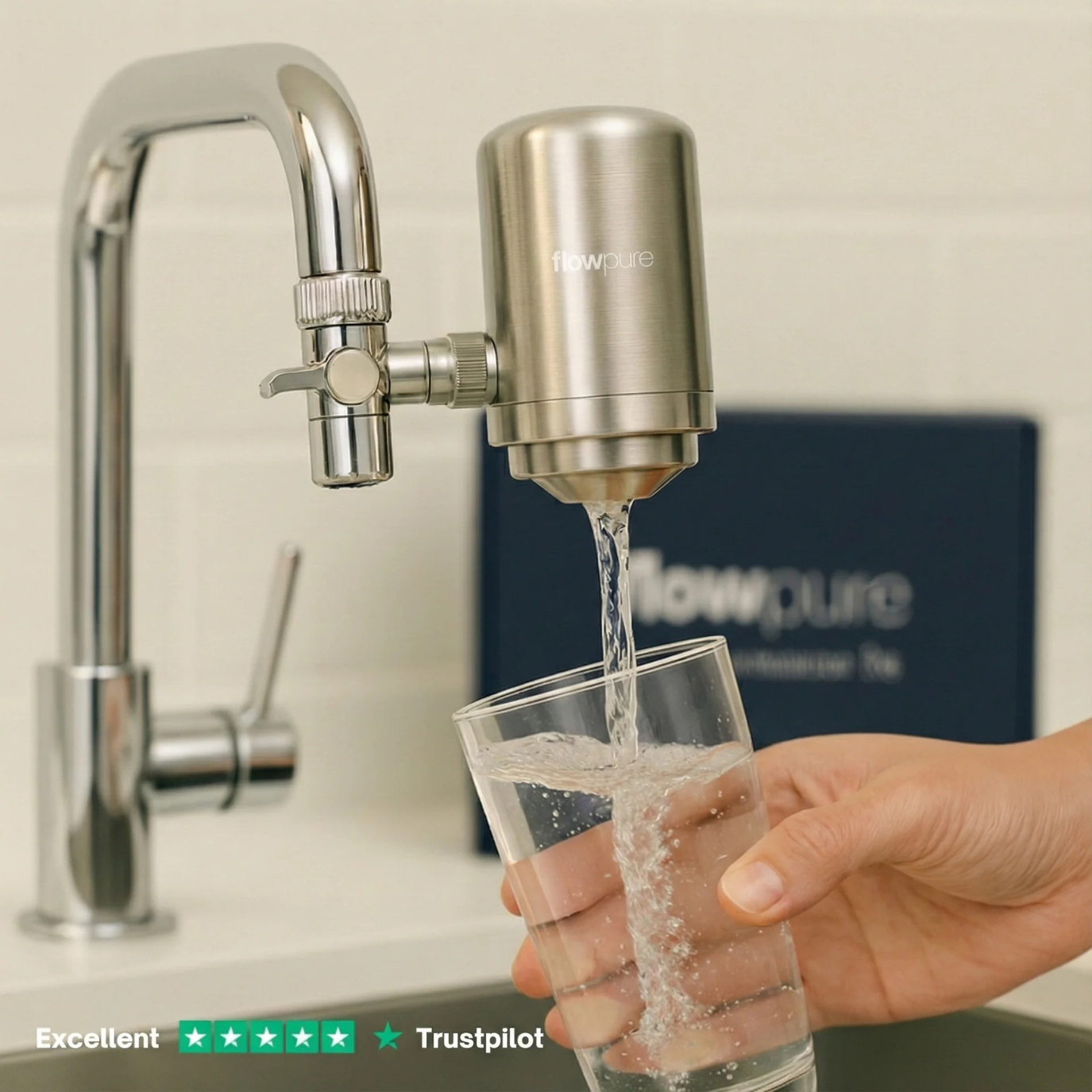FlowPure stainless steel tap filter installed on kitchen tap with water flowing
