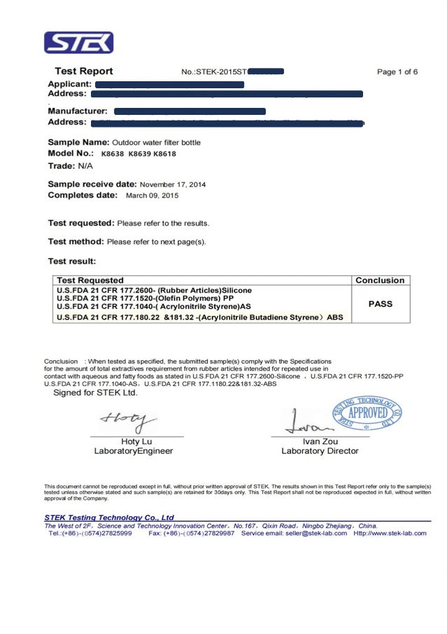 First page of the STEK test report on the water filter bottle materials