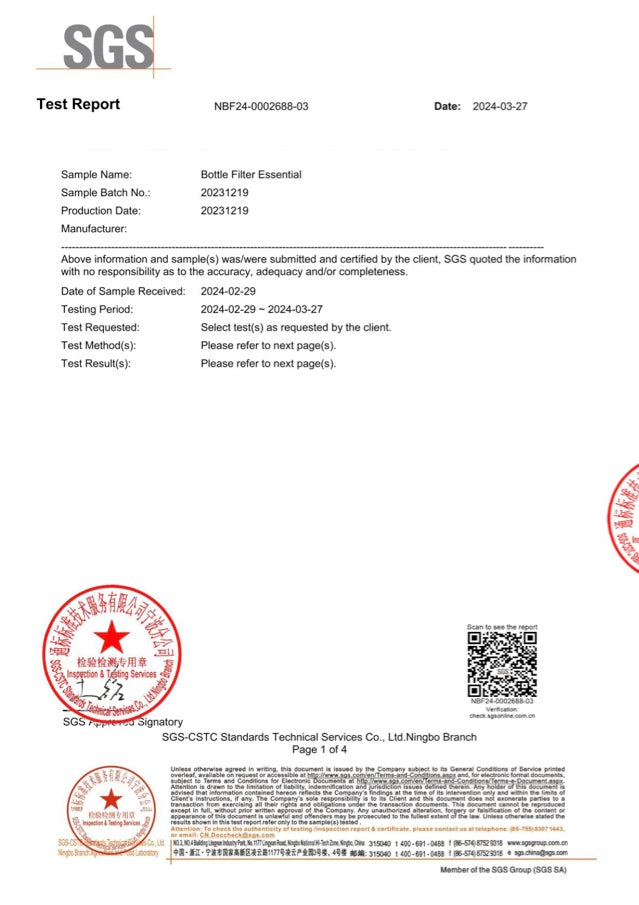 First page of the SGS test report on PFOS and PFOA removal by the bottle filter