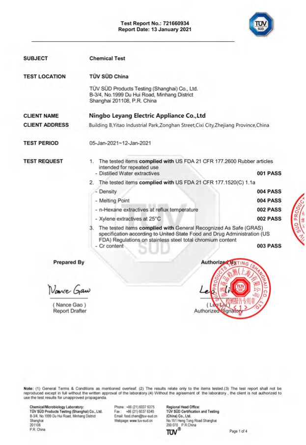 First page of the TÜV SÜD test report on the stainless steel water filter bottle
