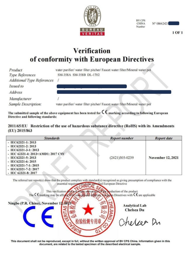 Première page de la vérification de conformité Bureau Veritas pour le filtre à eau de robinet