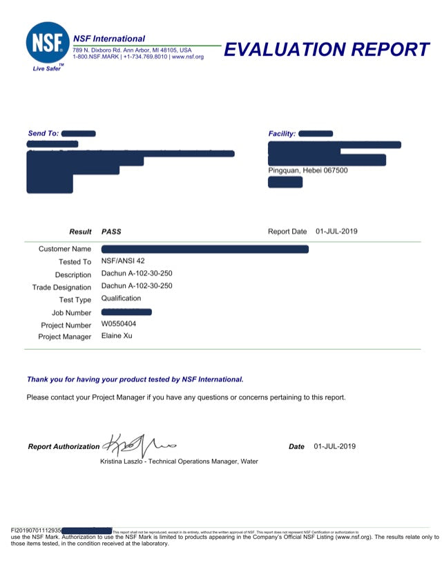 Première page du rapport d'évaluation NSF International sur les matériaux de l'appareil filtrant