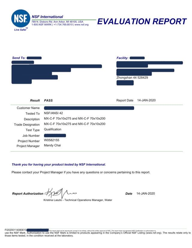 Première page du rapport d'évaluation NSF International sur les matériaux de la cartouche filtrante
