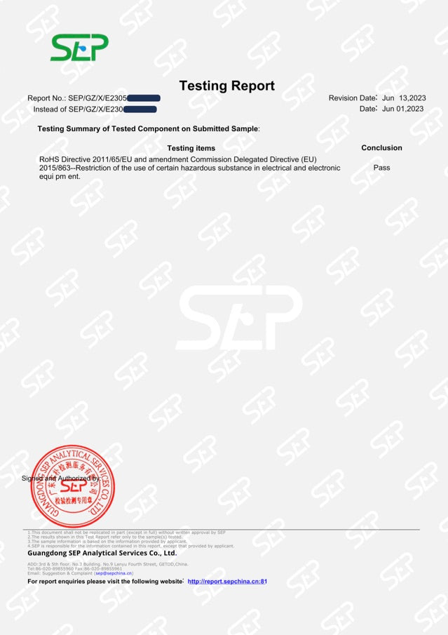 Première page du rapport de test RoHS de SEP Analytical Services sur le filtre