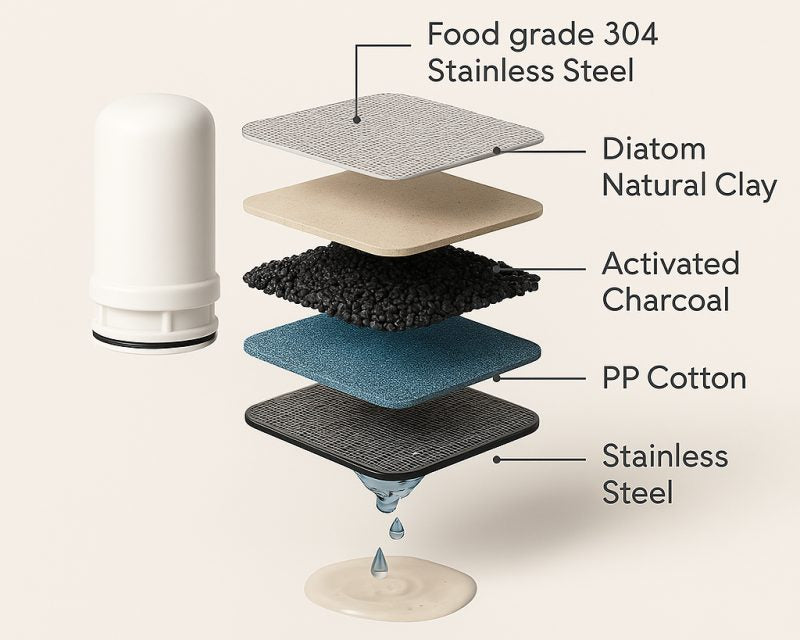 Les cinq couches de la cartouche Flowpure : tamis en acier inoxydable, argile de diatomée, charbon actif, coton PP et acier inoxydable